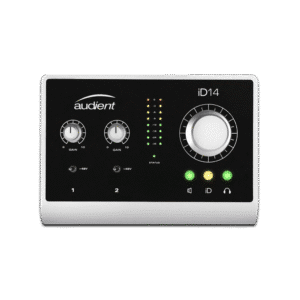 Audient iD14 MK1 – מבט קדמי עם גלגל שליטה.