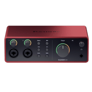 Focusrite Scarlett 4i4 4th Gen – חזית עם כניסות קומבו ובקרי שליטה