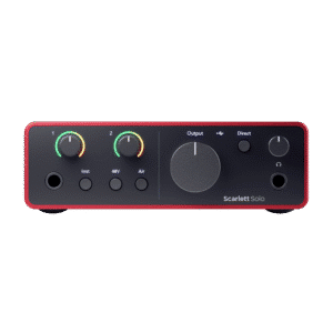 Focusrite Scarlett Solo 4G – מבט קדמי עם הכפתורים והכניסות.