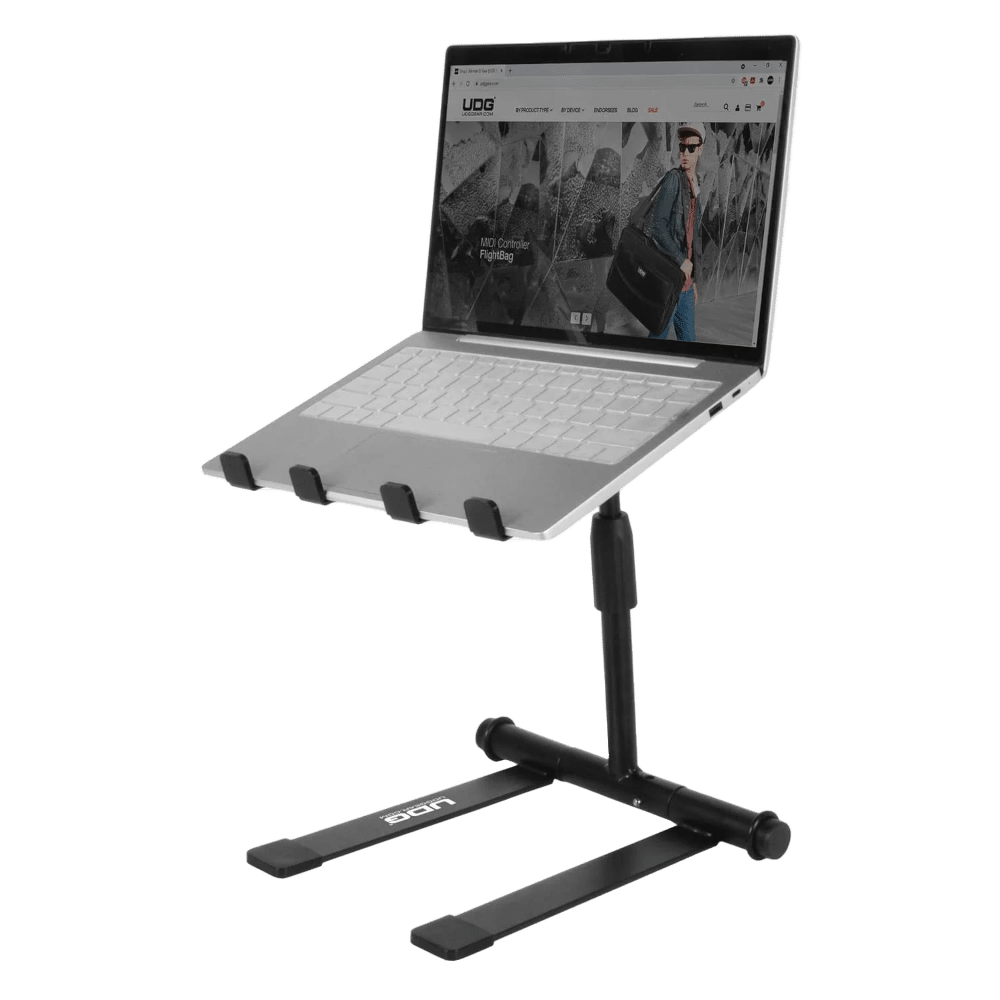 UDG Ultimate Laptop Stand במצב פתוח – תצוגת צד.