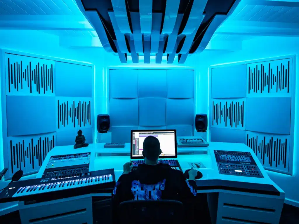 Vicoustic Wavewood Ultra Lite מותקן בתוך אולפן עם תאורה כחולה