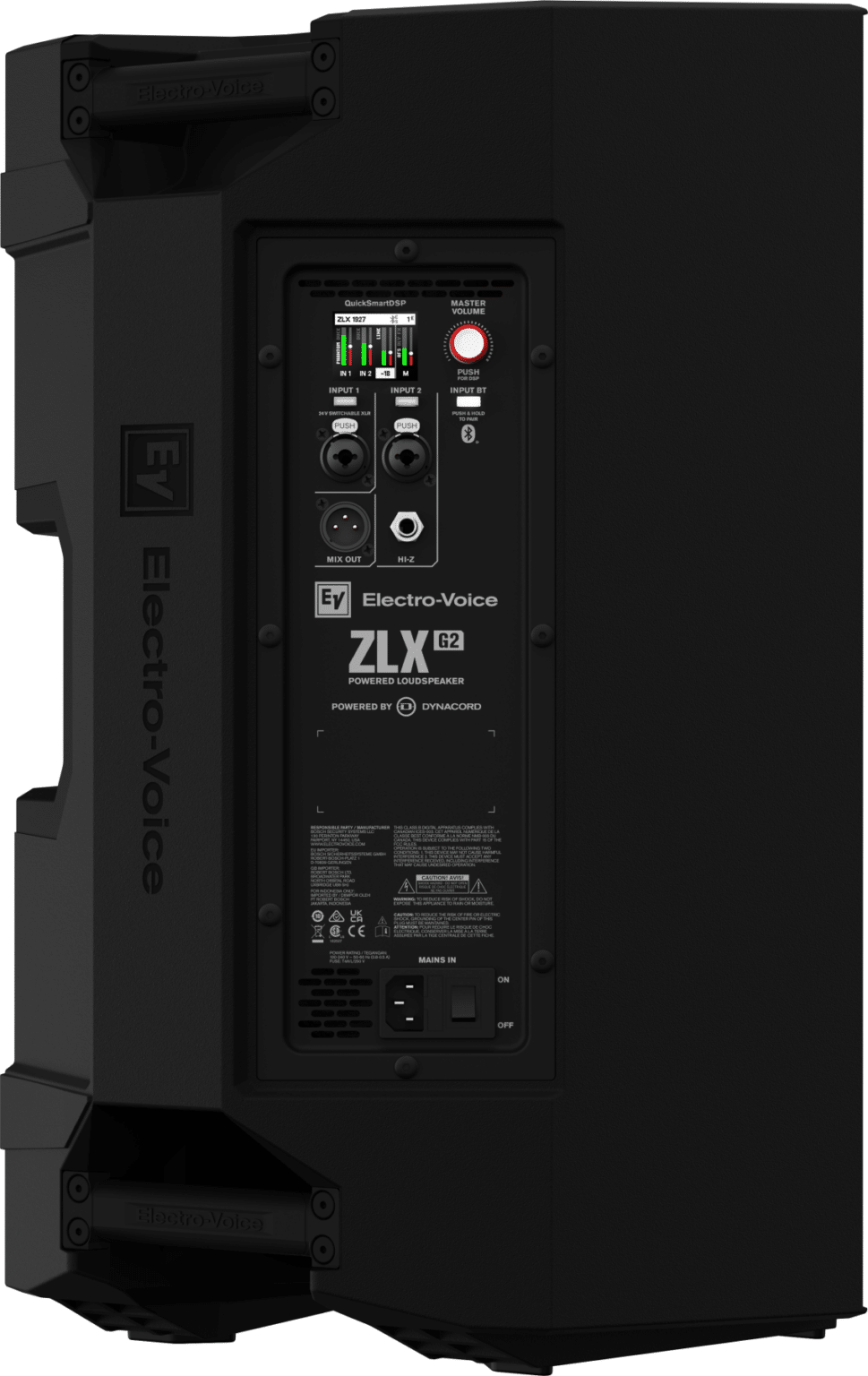 EV ZLX-15P-G2 — תקריב לוח הבקרה עם ממשק כפתור יחיד ומיקסר DYNACORD