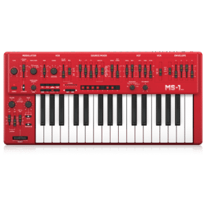 Behringer MS-1 MK II — סינתיסייזר אנלוגי מונופוני בצבע אדום עם ידית אחיזה
