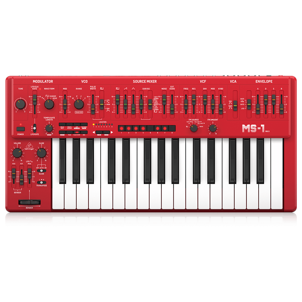 Behringer MS-1 MK II — סינתיסייזר אנלוגי מונופוני בצבע אדום עם ידית אחיזה
