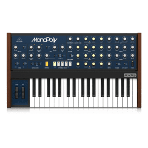 Behringer MonoPoly — סינתיסייזר אנלוגי פוליפוני במבט חזית עם פאנל מורם