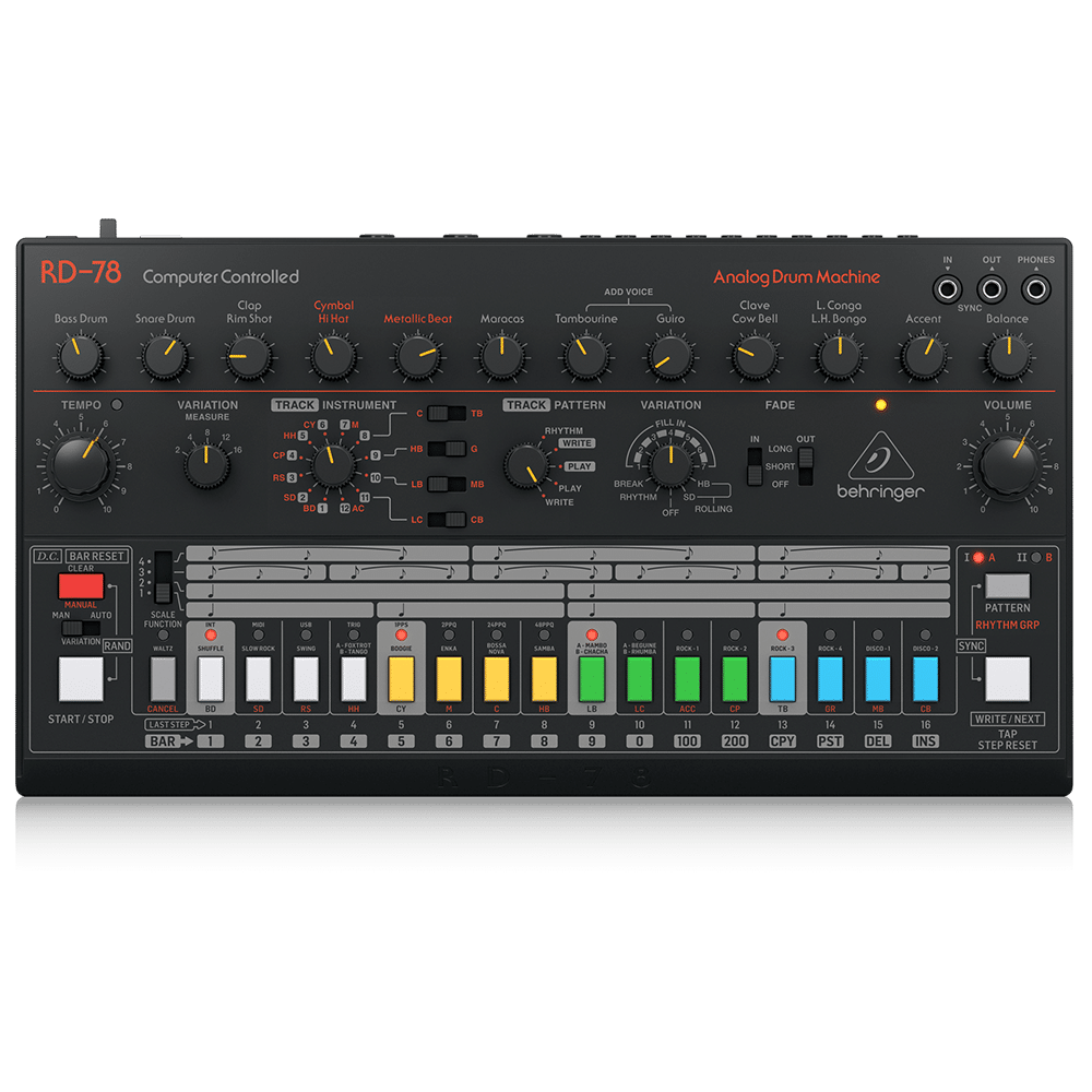 Behringer RD-78 — מכונת תופים אנלוגית במבט חזית הכוללת את כפתורי הצעד