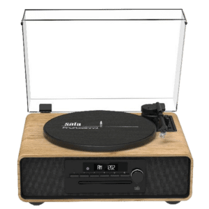 Safa MIC-300 Cosy מבט חזית עם מעטפת עץ אלון מבריק ומכסה אבק