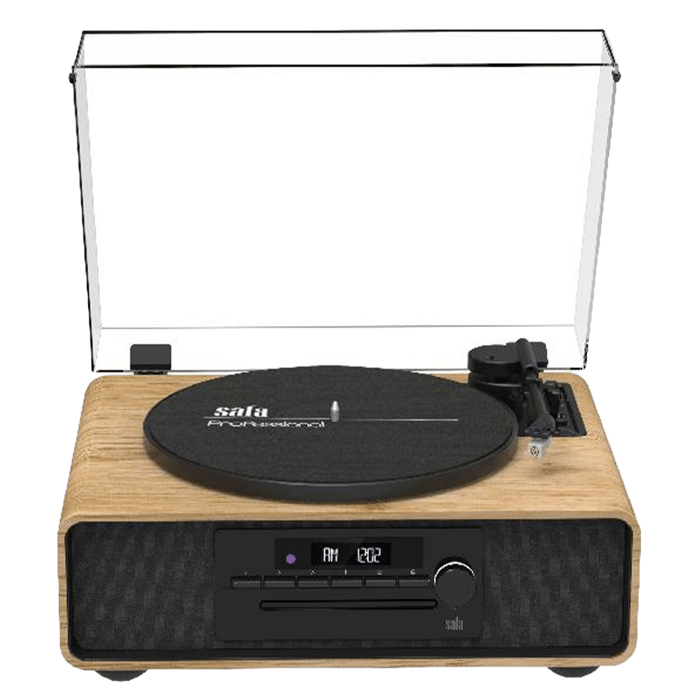 Safa MIC-300 Cosy מבט חזית עם מעטפת עץ אלון מבריק ומכסה אבק