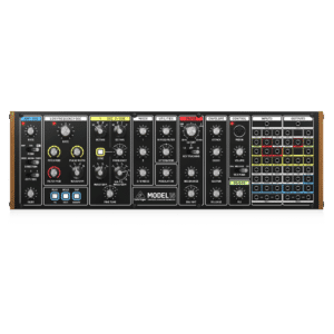 Behringer MODEL 15 — סינתיסייזר אנלוגי חצי-מודולרי במבט חזית הכולל את נקודות הפאץ'
