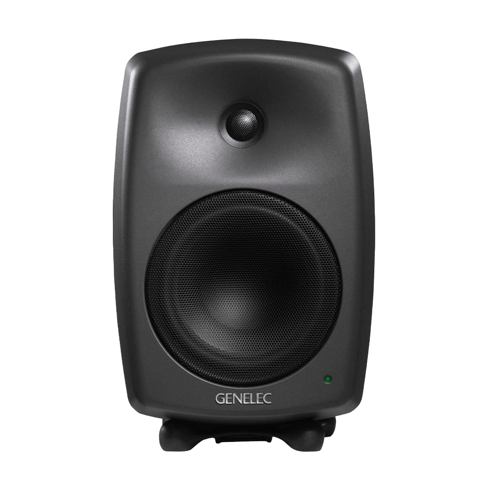 Genelec 8040B — מבט חזית עם גריל ו-Iso-Pod בגימור אפור כהה