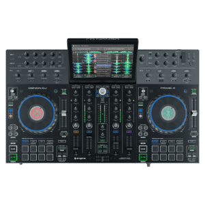 Denon DJ PRIME 4 מבט חזית עם מסך מגע 10.1 אינץ' וארבע גלגלות Jog