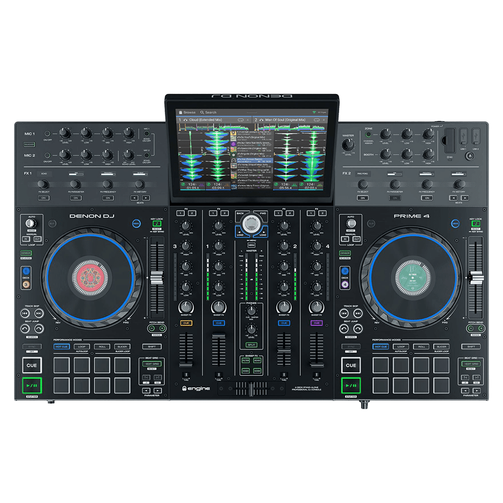 Denon DJ PRIME 4 מבט חזית עם מסך מגע 10.1 אינץ' וארבע גלגלות Jog