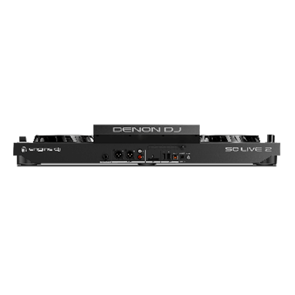 Denon DJ SC LIVE 2 פאנל אחורי: יציאות XLR ו-RCA עם כניסות USB ו-SD