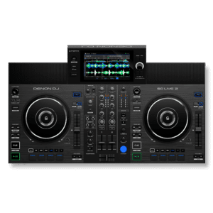 Denon DJ SC LIVE 2 מבט חזית עם מסך מגע 7 אינץ' ושתי גלגלות Jog