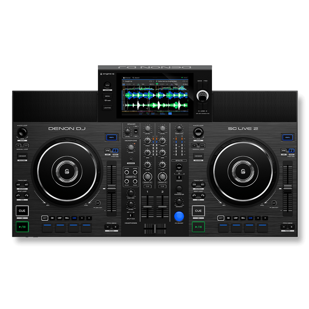 Denon DJ SC LIVE 2 מבט חזית עם מסך מגע 7 אינץ' ושתי גלגלות Jog