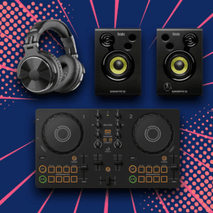 חבילת Pioneer DDJ-FLX2 — מבט חזית על הקונטרולר, הרמקולים והאוזניות