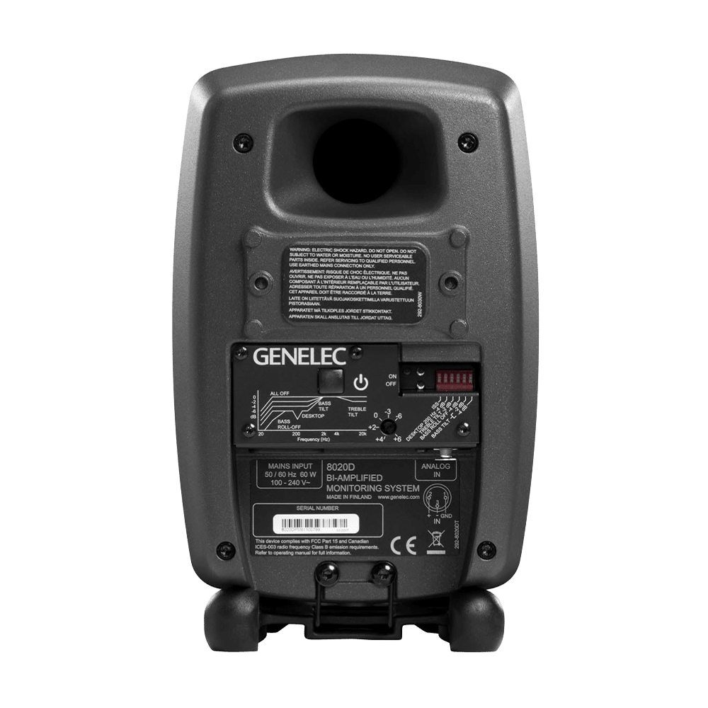 Genelec 8020D — פאנל חיבורים אחורי: כניסת XLR מאוזנת וסוויצ'ים לכיול חדר