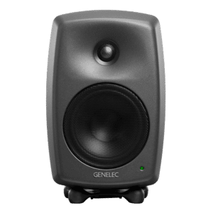 Genelec 8030C — מבט חזית עם גריל ו-Iso-Pod בגימור אפור כהה