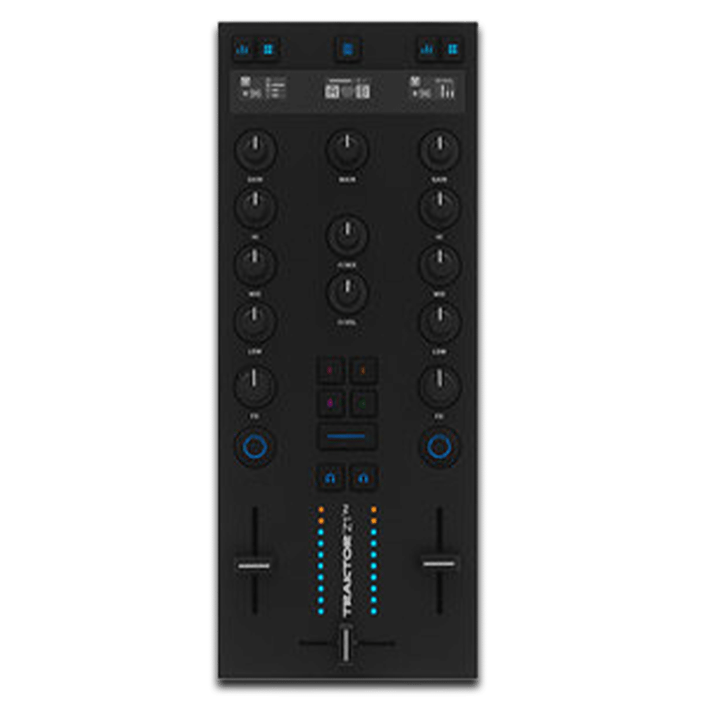 Traktor Kontrol Z1 MK2 — מבט חזית המציג את מסכי ה-OLED והפיידרים