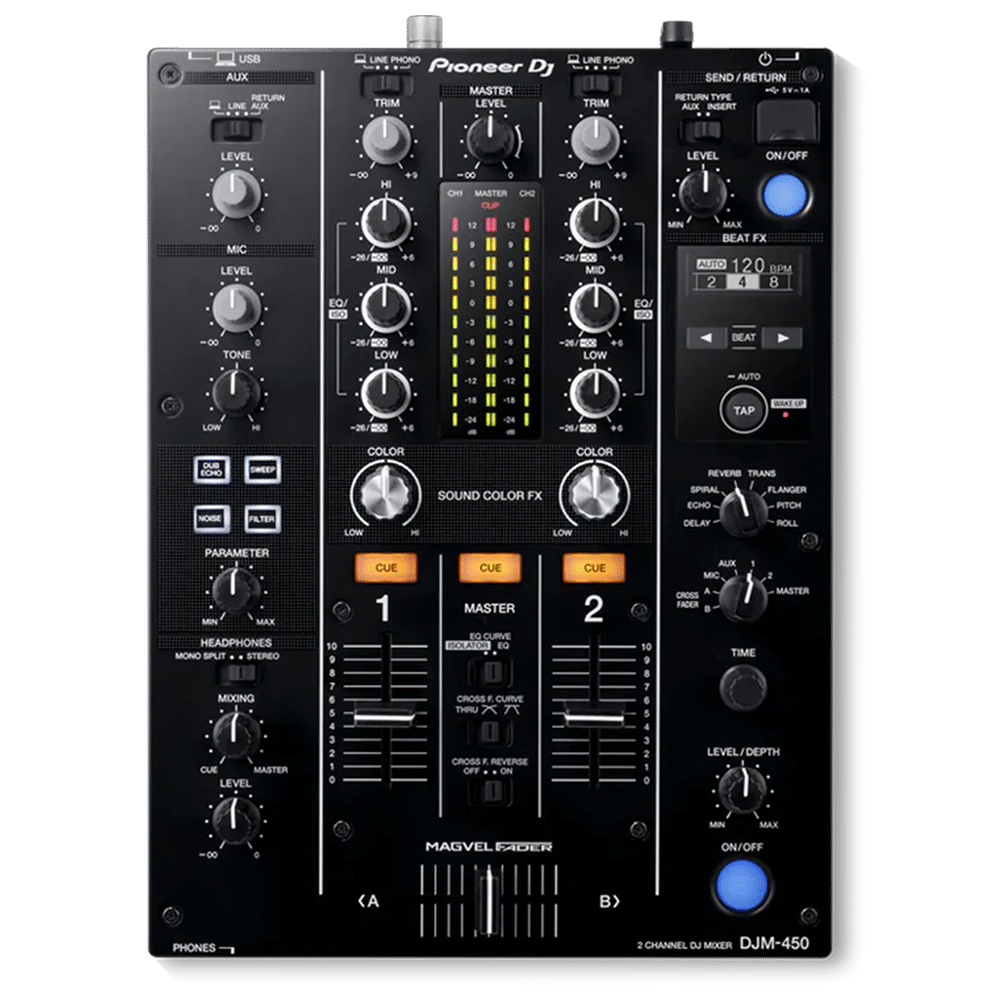 Pioneer DJ DJM-450 מבט חזית עם Magvel Fader ולוח בקרה מקצועי