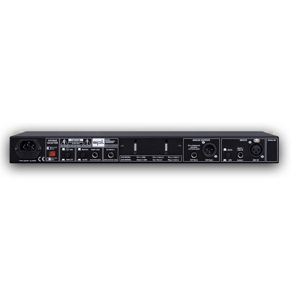 SPL Track One פאנל אחורי: כניסות ויציאות XLR ו-TRS עם שקע כלי נגינה