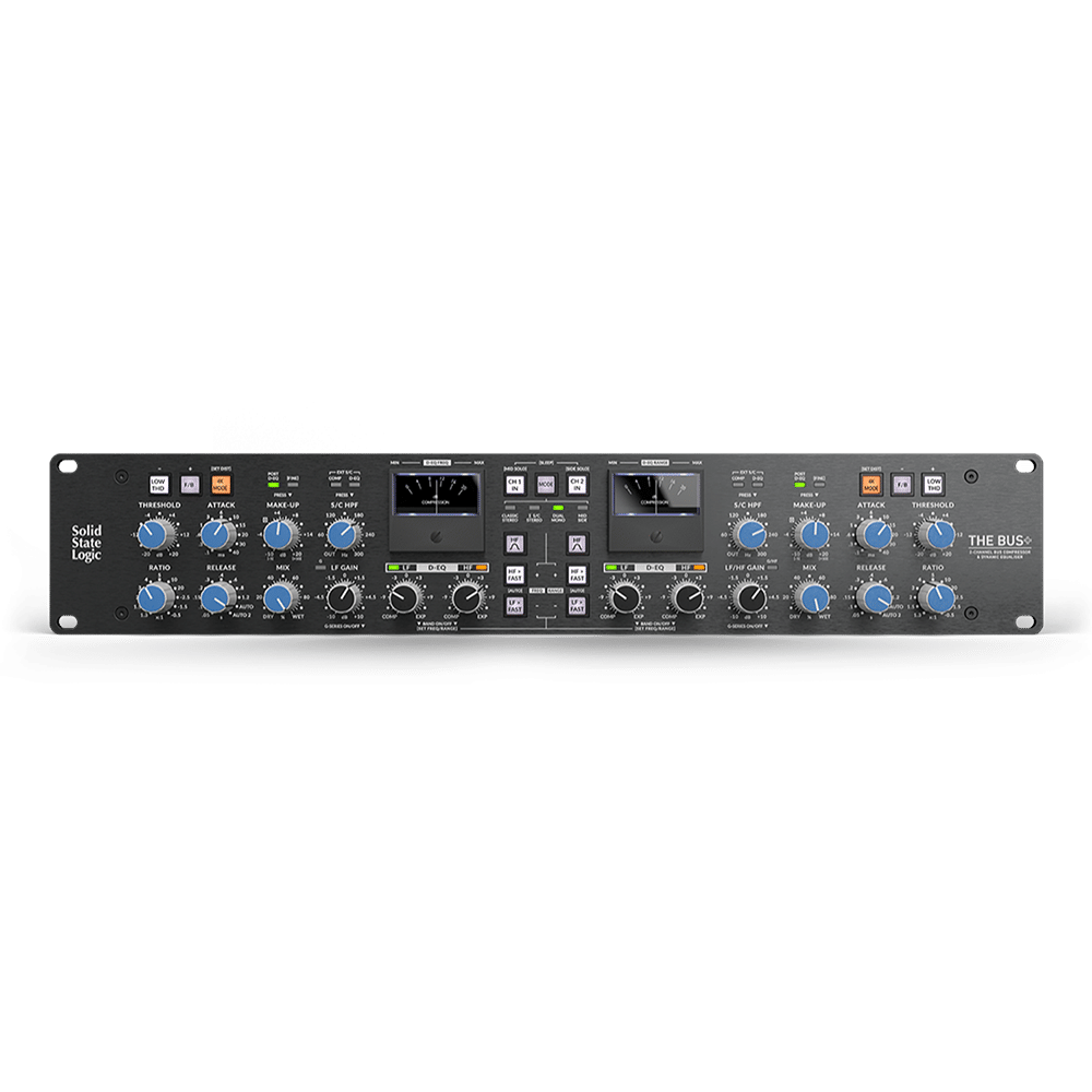 SSL THE BUS+ מבט חזית עם מד רדוקציית רווח Moving-coil ולוח בקרה מלא