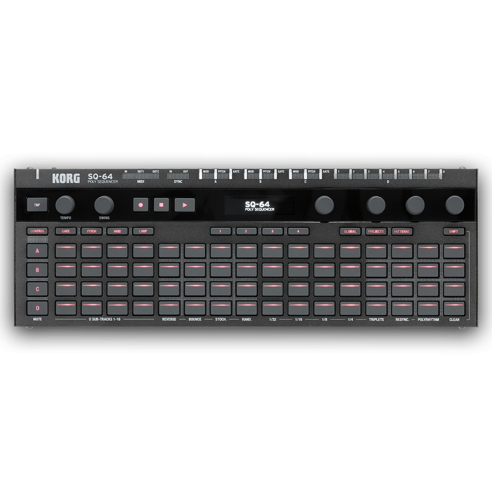 KORG SQ-64 מבט חזית עם 64 כפתורי Step מוארים ותצוגת OLED