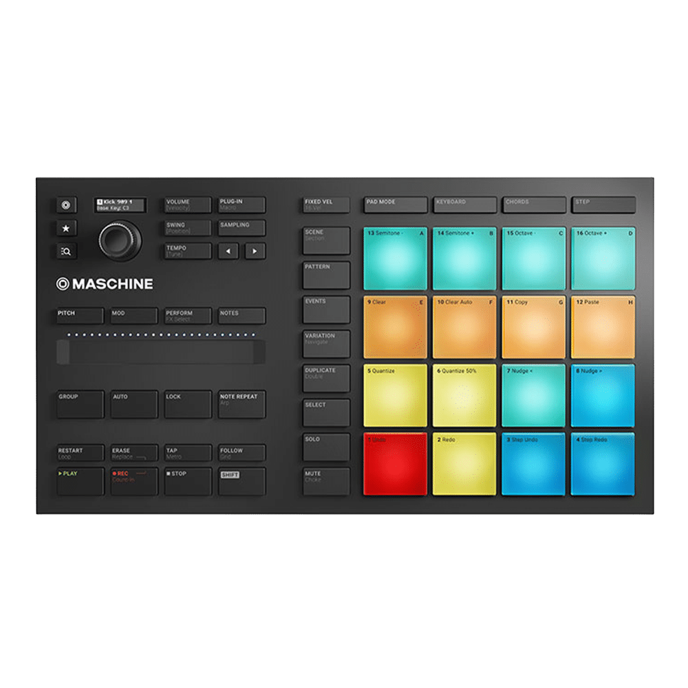 MASCHINE MIKRO MK3 מבט חזית עם 16 פדים ו-Smart Strip כפול