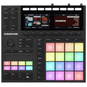 Native Instruments MASCHINE MK3 מבט חזית עם 16 פדים ושני מסכי צבע