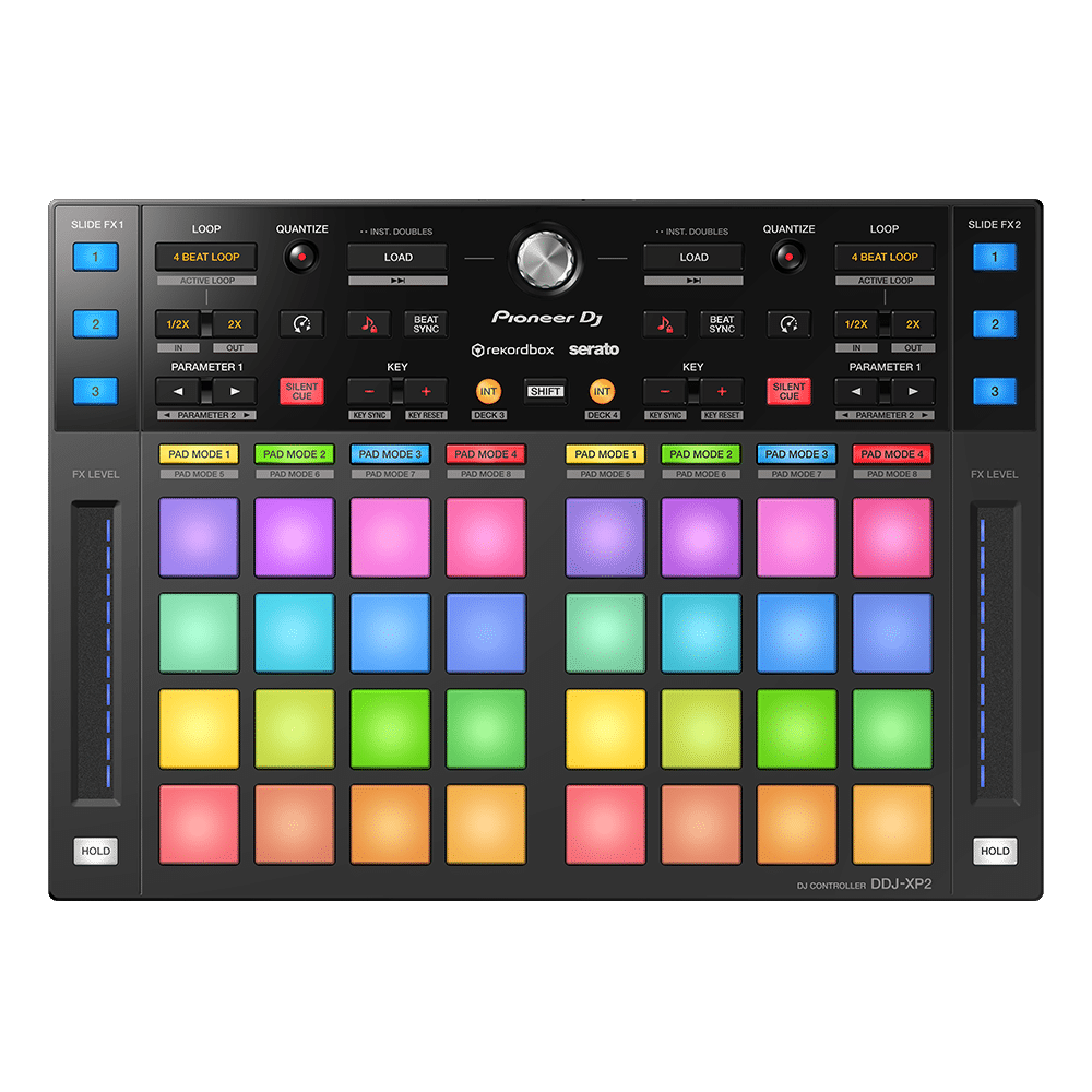 Pioneer DJ DDJ-XP2 מבט חזית עם 32 פדי ביצועים רב-צבעיים