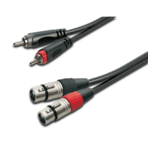 כבל XLR כפול נקבה ל-RCA זכר כפול — תקריב על סימון הצבעים אדום ולבן במחברים