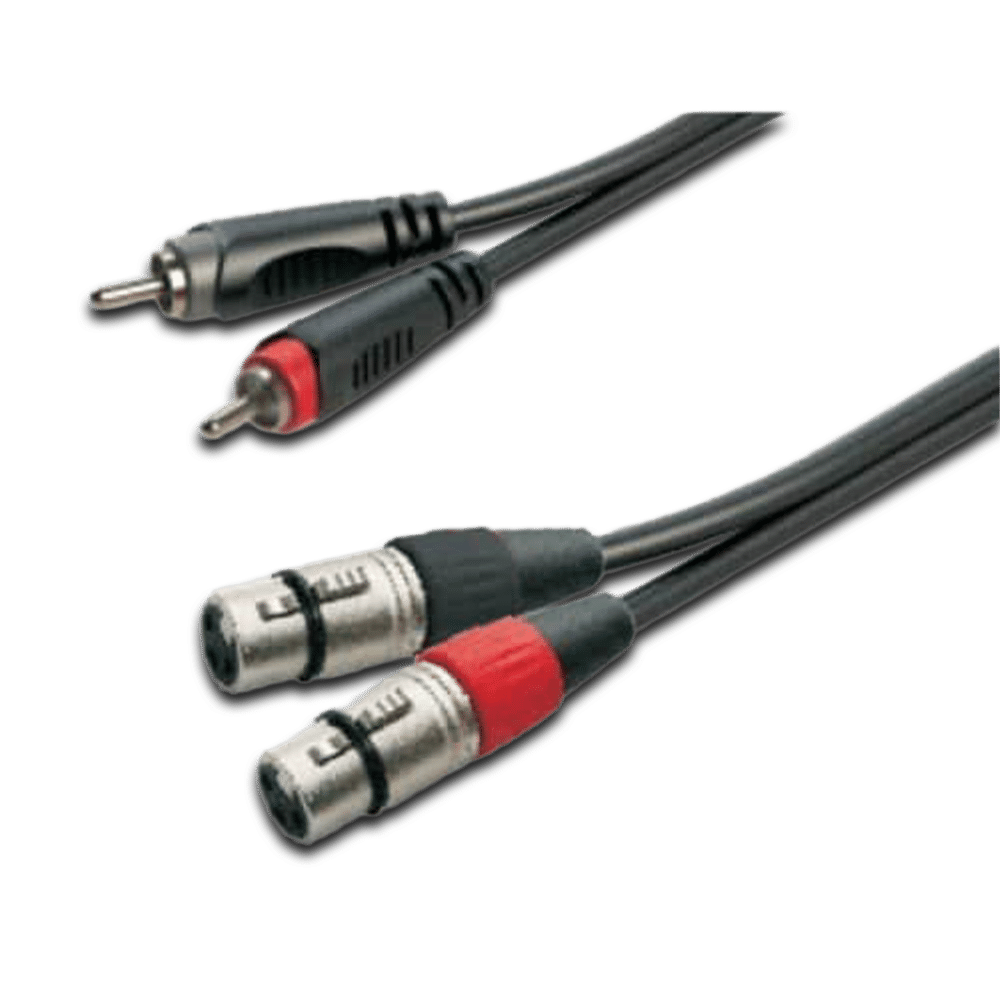 כבל XLR כפול נקבה ל-RCA זכר כפול — תקריב על סימון הצבעים אדום ולבן במחברים