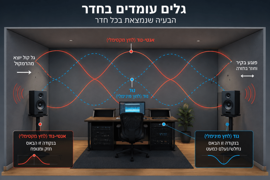 אקוסטיקה - תמונת הסבר לגלים עומדים ונוד בחדרים