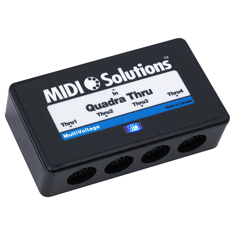MIDI Solutions Quadra Thru v2 — מבט חזית עם LED מחוון ויציאות MIDI
