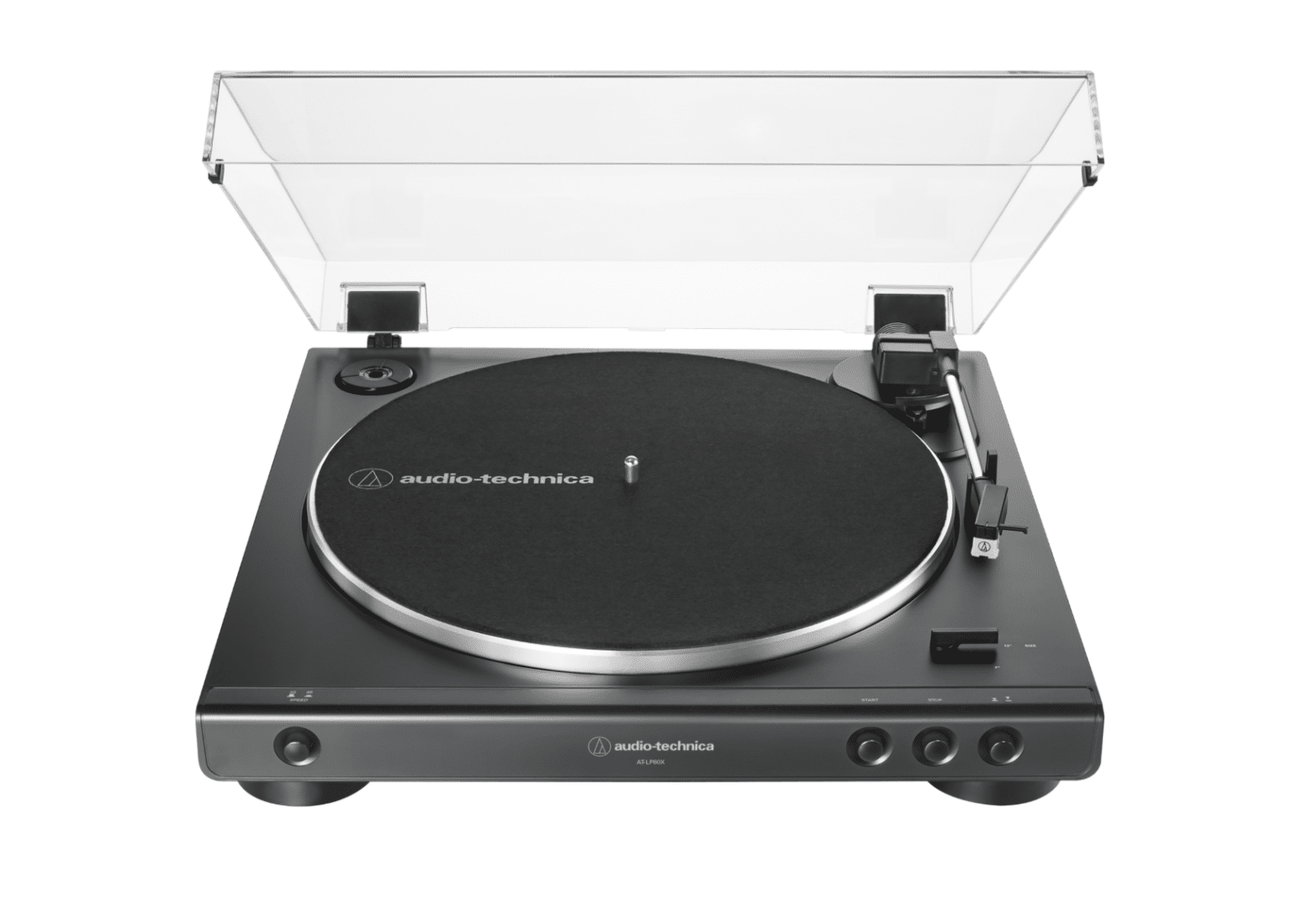 Audio Technica AT-LP60X — מבט חזית עם צלחת אלומיניום וזרוע Tonearm