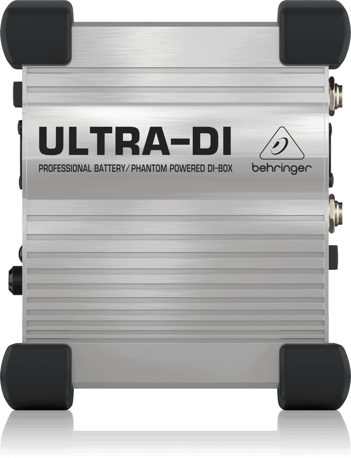 Behringer Ultra-DI DI100 — מבט ¾ המציג את פינות הגומי לניתוק ועמידות הדרך