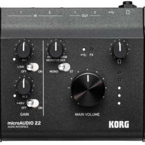 Korg microAUDIO 22 — מבט חזית על הפנל הקומפקטי עם שתי כניסות קומבינציה