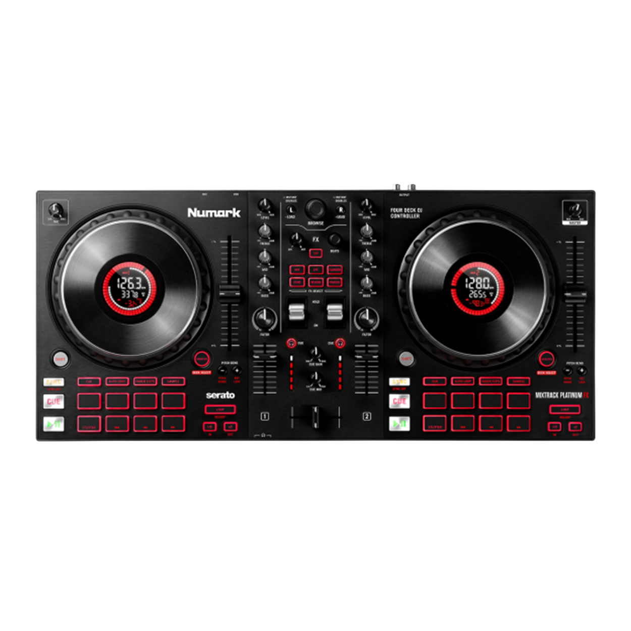Numark Mixtrack Platinum FX — מבט זווית על הקונטרולר עם Jog Wheels ומסכי הצבע