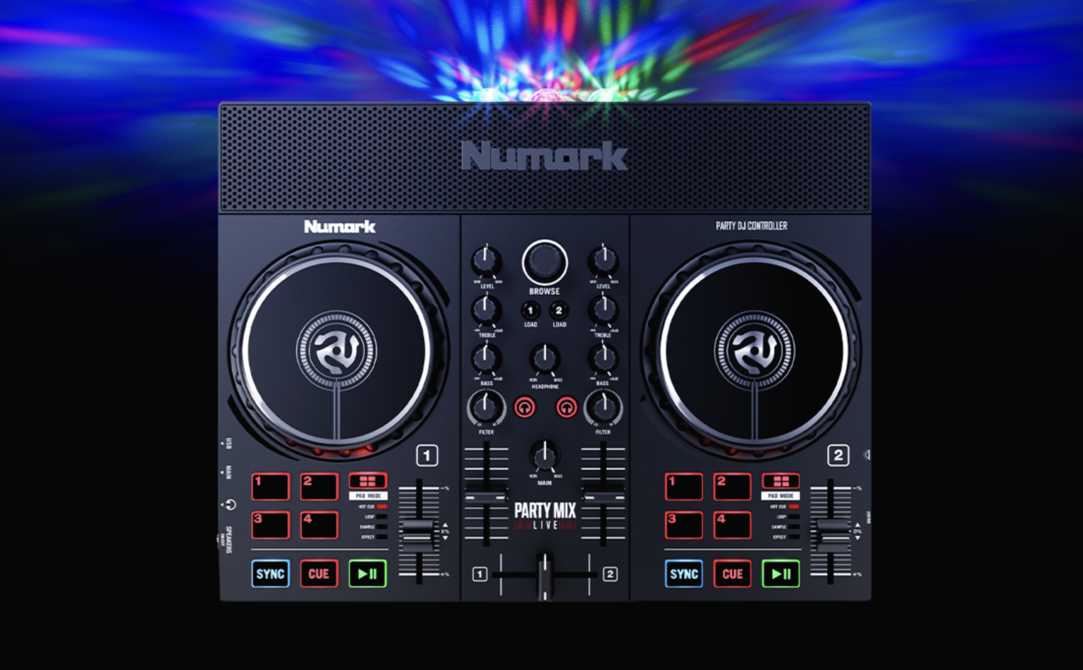 Numark Party Mix Live — מבט מלמעלה על תאורת ה-LED המסונכרנת לביט