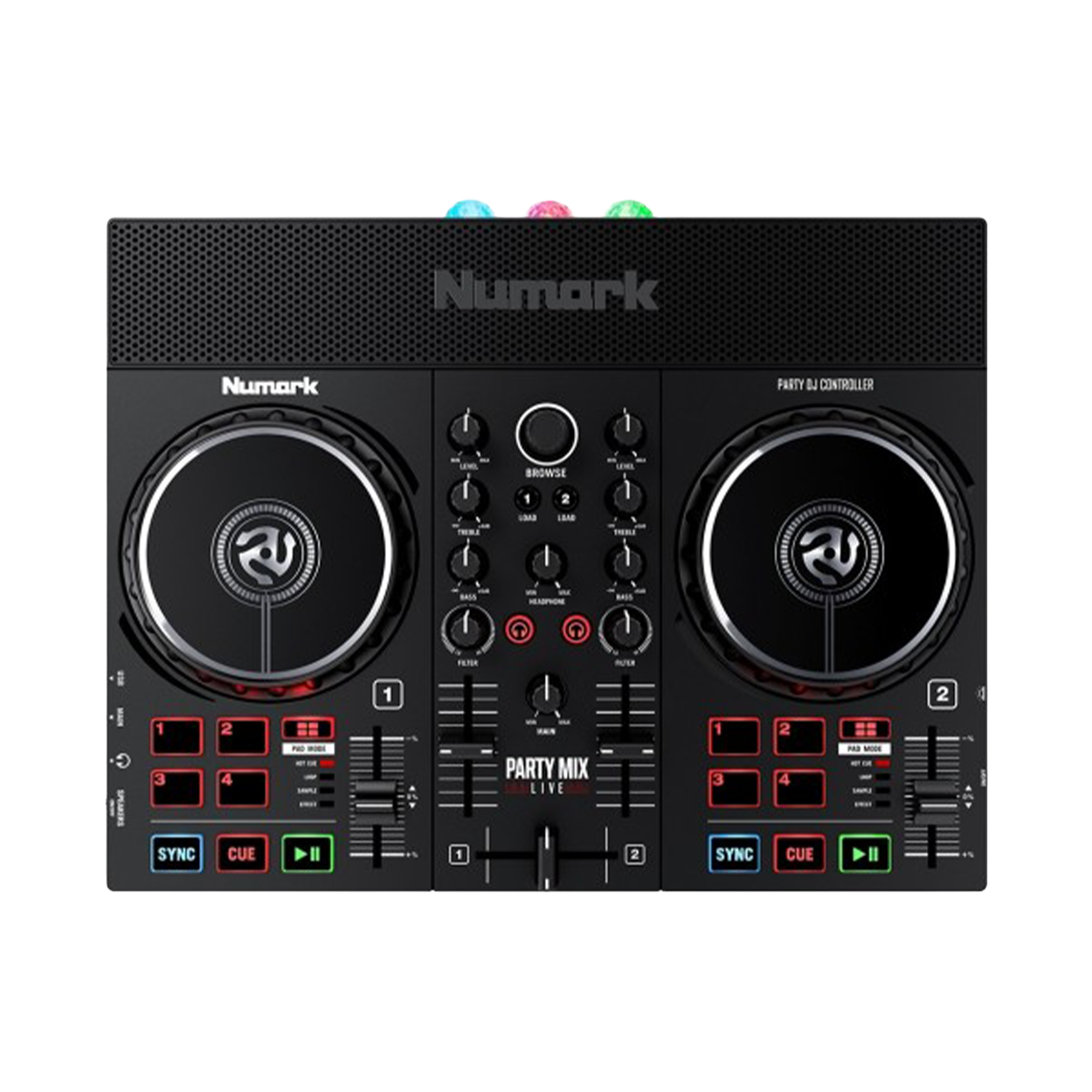 Numark Party Mix Live — מבט זווית עם תאורת LED פעילה