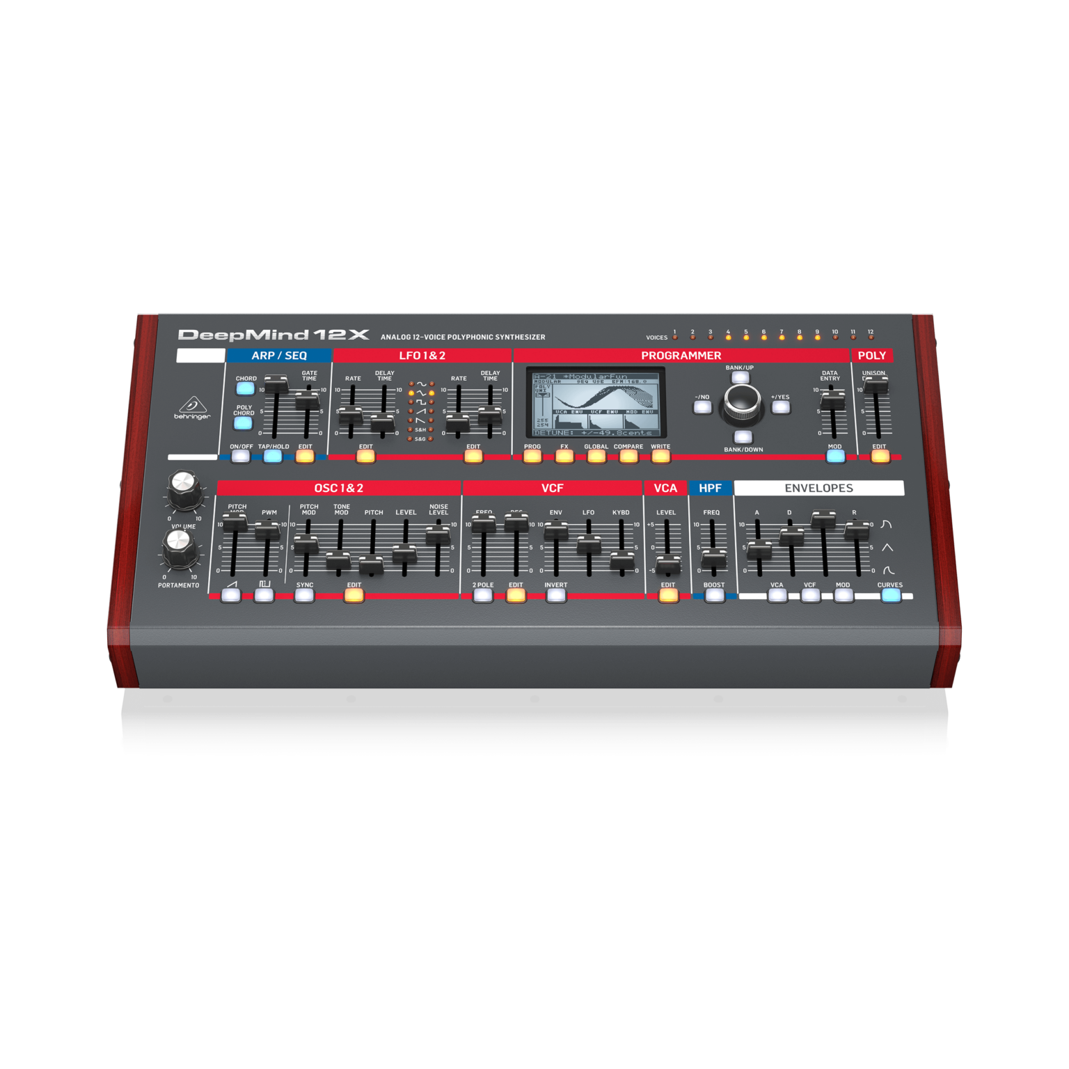 Behringer DEEPMIND 12XD — פאנל חיבורים אחורי: יציאות סטריאו, MIDI, USB וכניסות פדל ו-CV