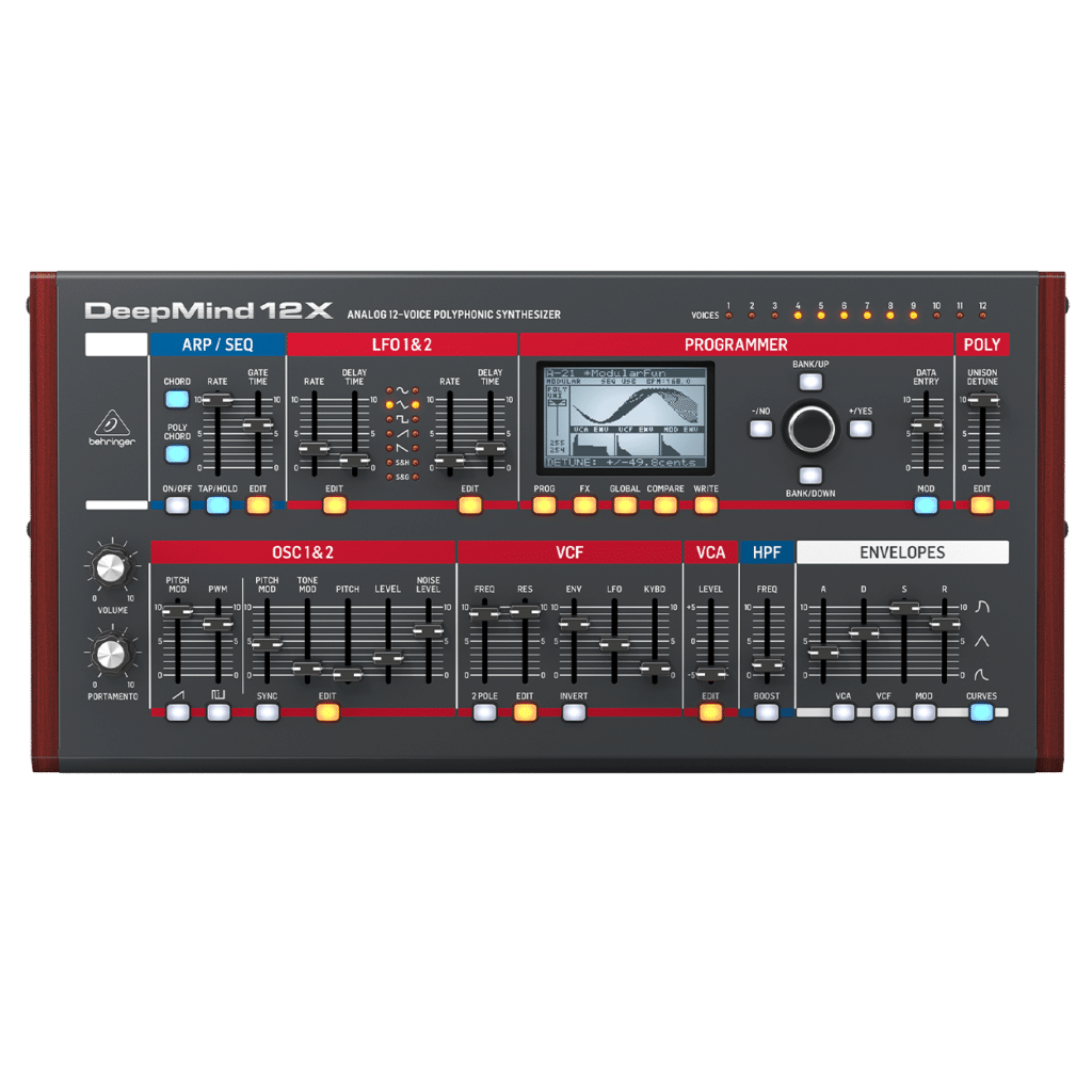 Behringer DEEPMIND 12XD — מבט חזית על הסינתסייזר השולחני עם 26 הסליידרים