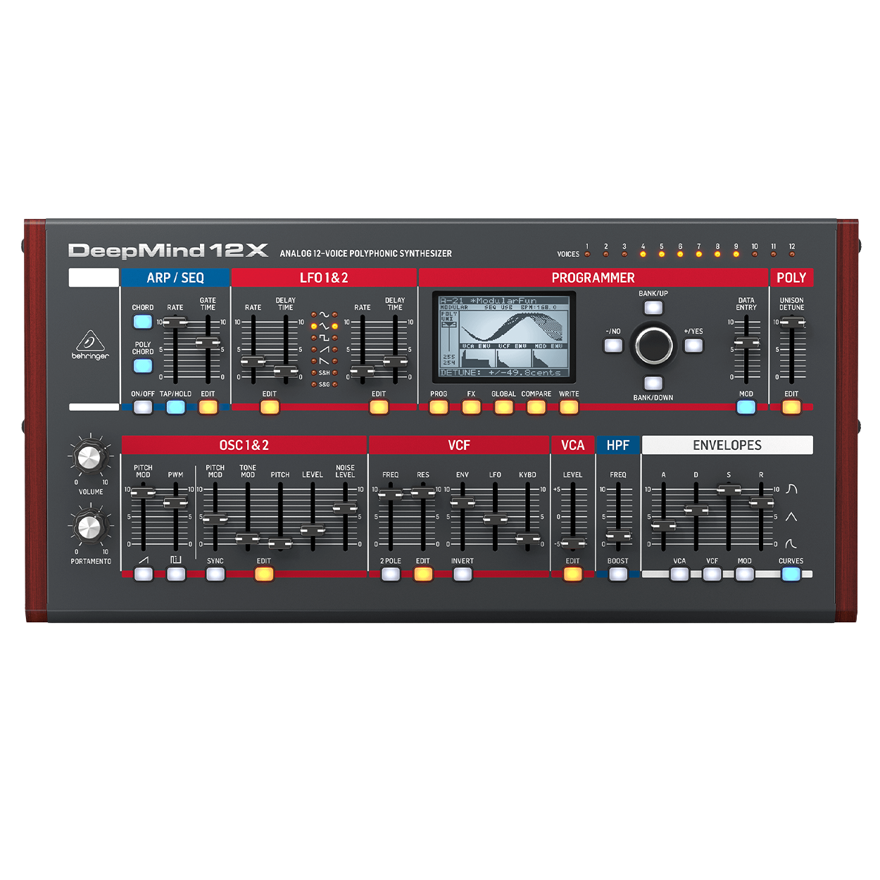 Behringer DEEPMIND 12XD — מבט חזית על הסינתסייזר השולחני עם 26 הסליידרים