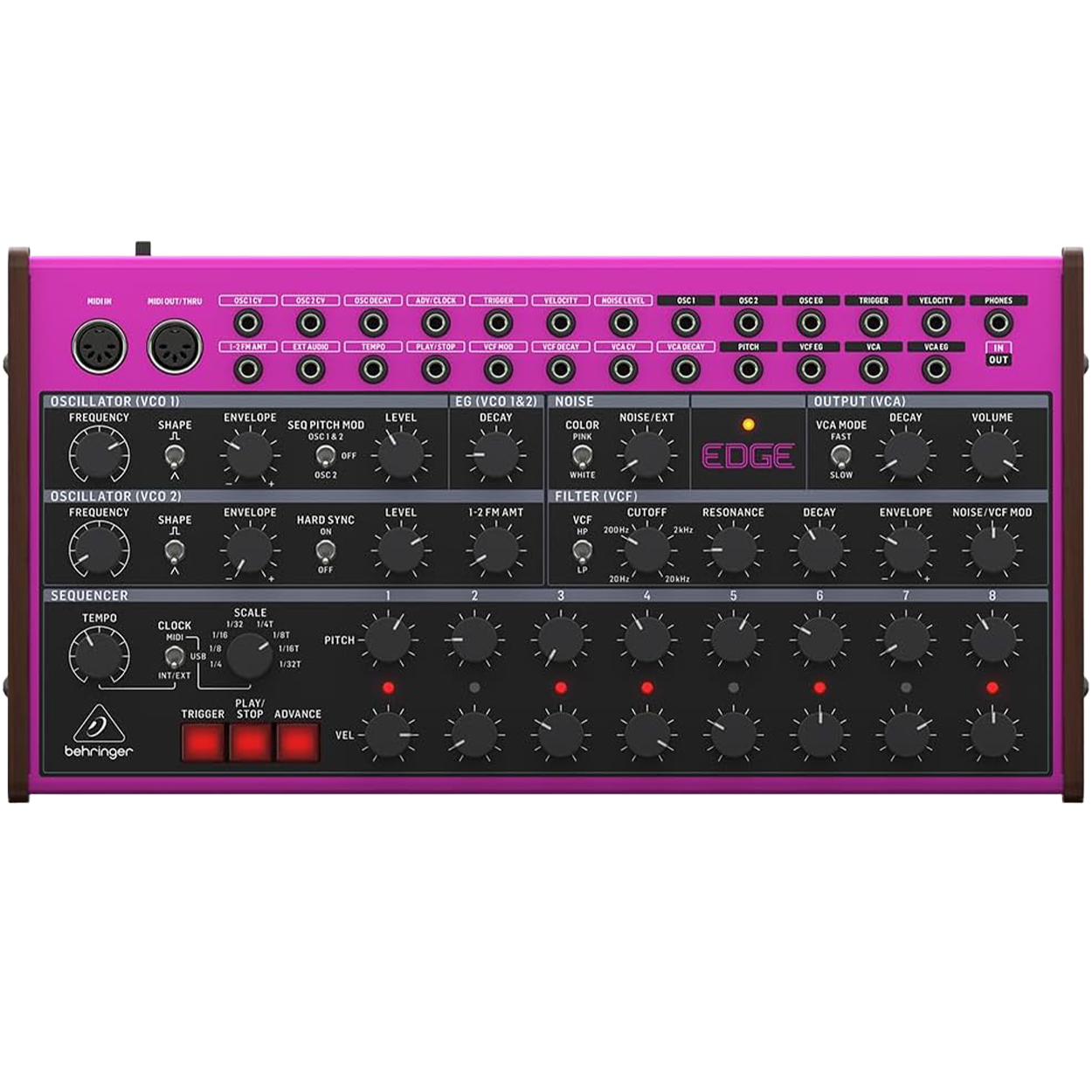 Behringer Edge — מבט חזית על הסינתסייזר בצבע ורוד חשמלי עם 44 הבקרות