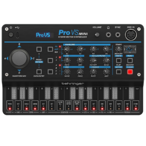 Behringer Pro VS Mini — מבט חזית על הסינתסייזר עם הג'ויסטיק ומסך ה-OLED