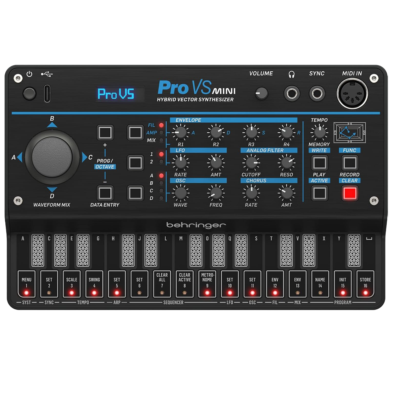 Behringer Pro VS Mini — מבט חזית על הסינתסייזר עם הג'ויסטיק ומסך ה-OLED