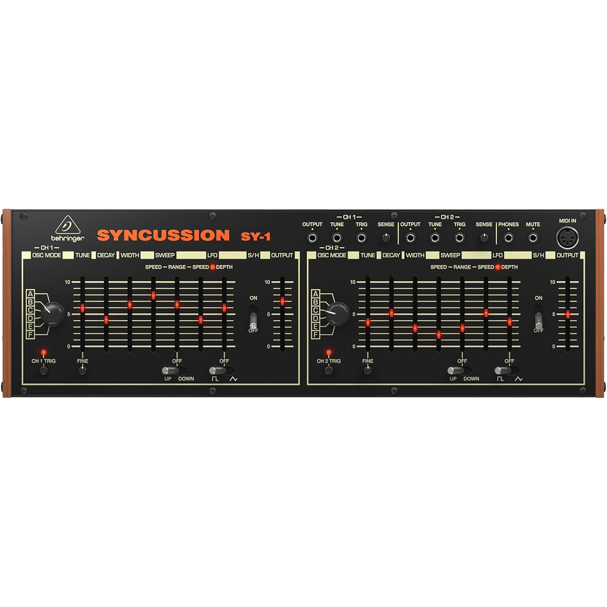 Behringer Syncussion SY-1 — מבט חזית על הסינתסייזר עם 30 הבקרות