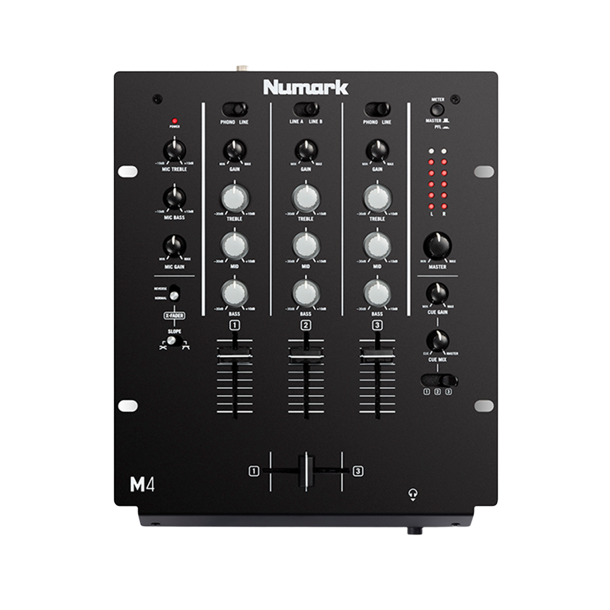 Numark M4 — מבט זווית על מיקסר הסקראץ' עם 3 הערוצים