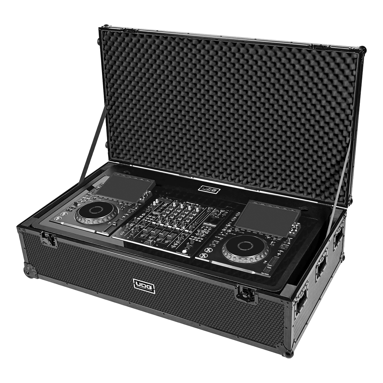UDG DJ Podium Workstation Flight Case Black Plus — מבט פתוח על הפלייט קייס