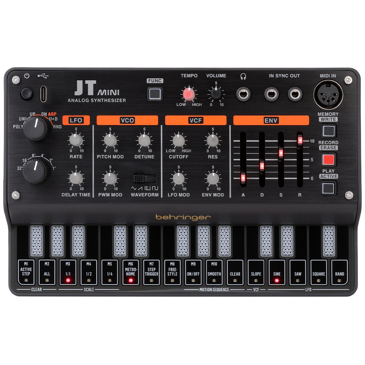Behringer JT MINI — מבט חזית על הסינתסייזר האנלוגי הנייד